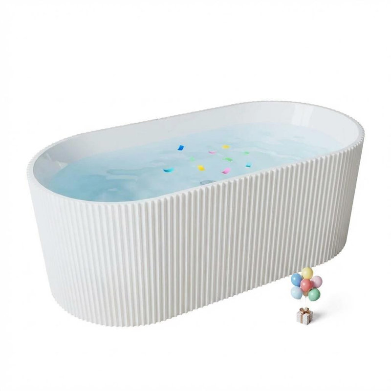 Acrylic Freestanding Bathtub, Deep Soaking Stripe Tub with Drain, Solid Surface Stand Alone Bath, Contemporary Indoor Bathroom Spa Tub for Adults, Large Foot Soak