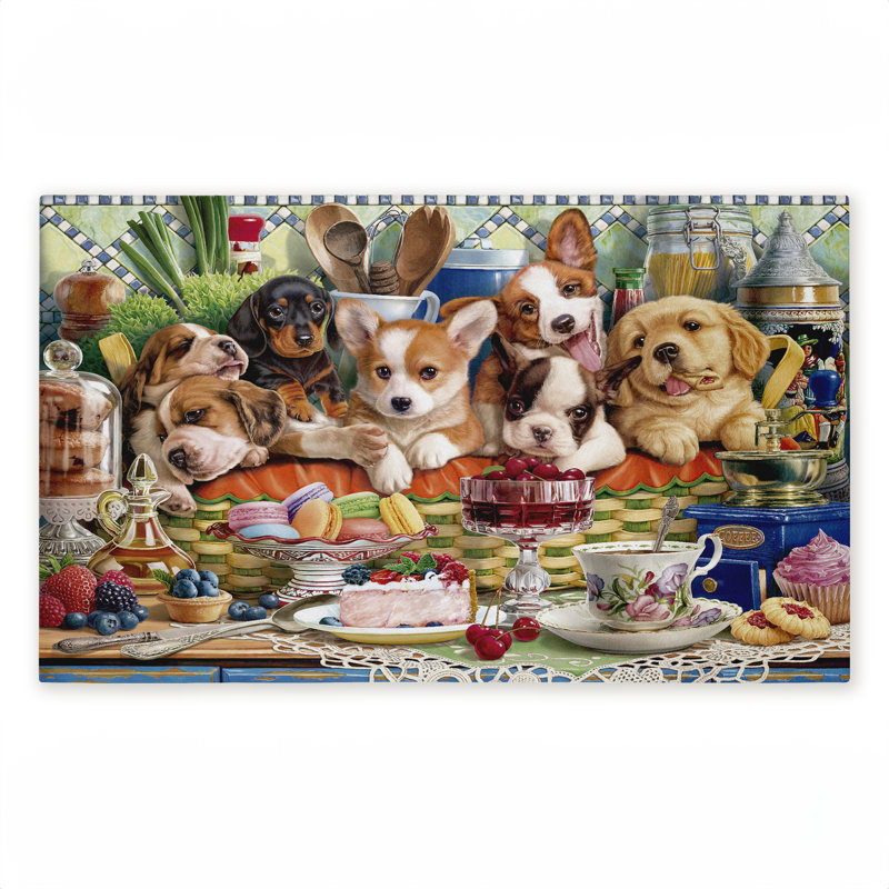 Tapis de porte d'extérieur imprimé chiots dans un panier, par Image World, 18 po x 30 po