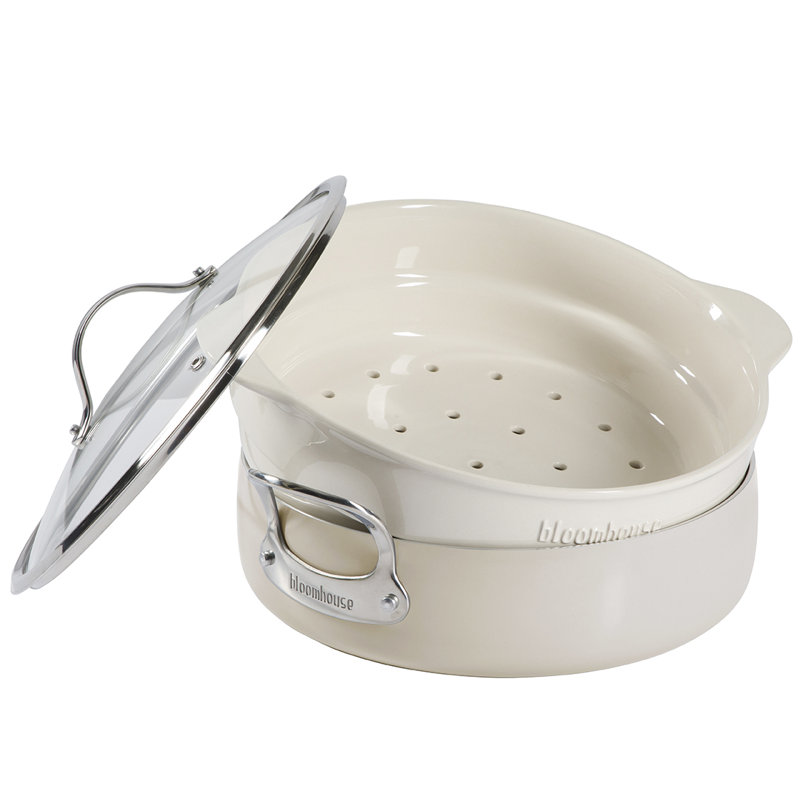 Bloomhouse - Oprah's Favourite Things - 6-QT Aluminum Enamel Everyday Pan W/ Non-Stick Non-Toxic Ceramic Interior And Ceramic Steamer Insert - Oat White