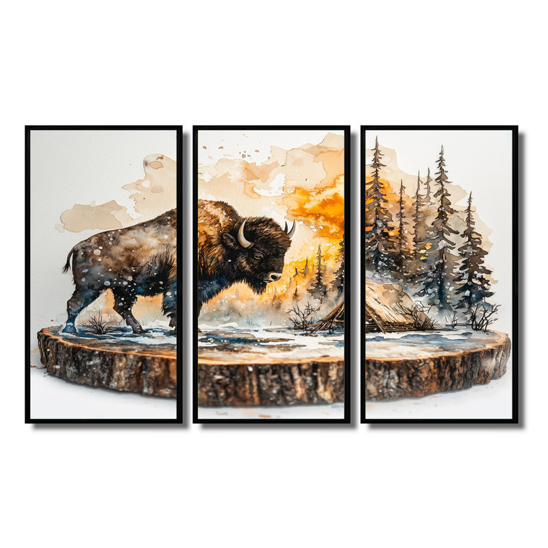 «Bison in Winter Forest Landscape I», art mural sur toile bison - ensemble de 3, H 28 po x l 36 po, Noir