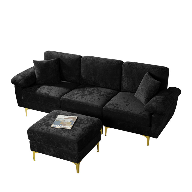 91" Modern Snow Fleece L Shaped Sectional Sofa With Gold Metal Legs, Black Polyester