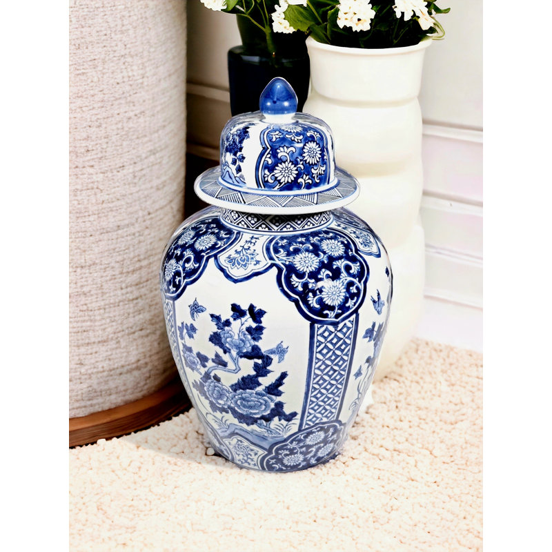 Pot à gingembre 17 po en porcelaine avec motif floral, bleu et blanc