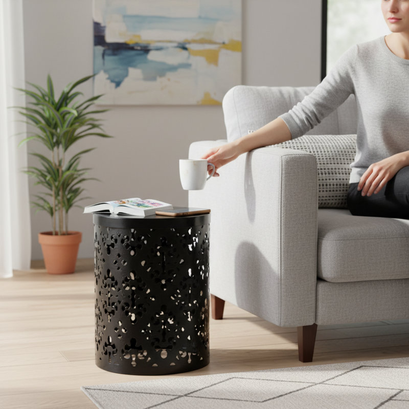 Ensemble de 2 tables de bout en métal de style industriel moderne | Idée de cadeau, Noir, 2