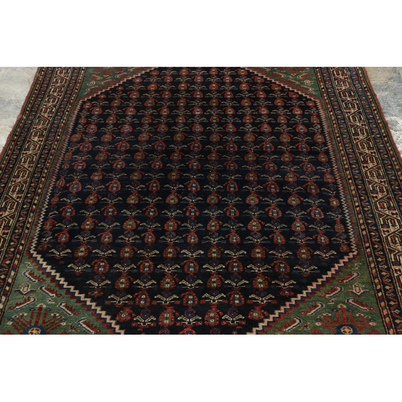 Vintage  Malayer Rug In Midnight Blue And Salmon With Floral Pattern