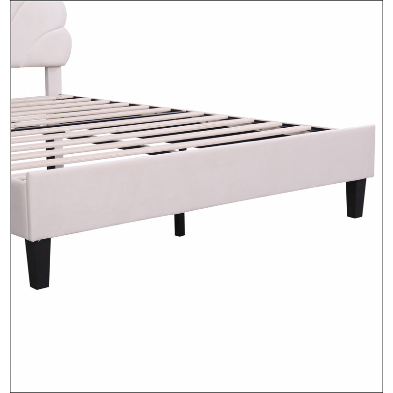 Lit plateforme tapissier avec tête de lit en velours à motif floral, Grand lit, Beige