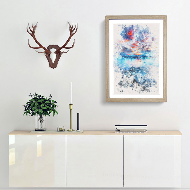 Iceland View Watercolour - Picture Frame Graphic Art, Oak Framed, 63cm H x 45cm W x 2cm D