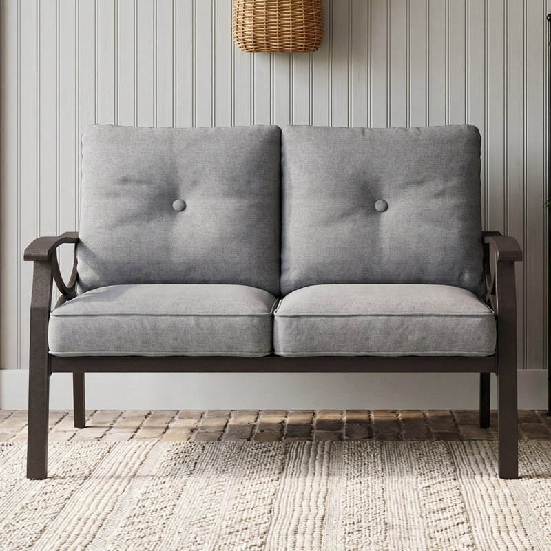 Dorisann Outdoor Metal Loveseat Coffee, Coffee Frame/Gray Cushion