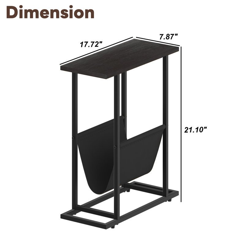 Side Table for Small Spaces, Narrow End Table With Magazine Holder Sling, Skinny Nightstand for Bedroom, Black, Black