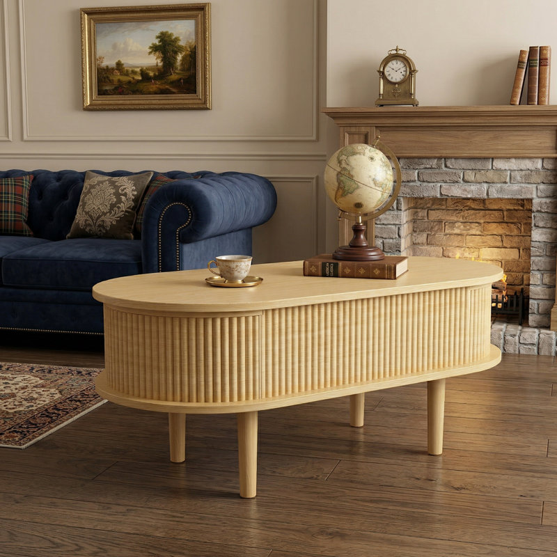 Table basse ovale à plateau relevable cannelé avec compartiment caché, finition naturelle, Bois naturel