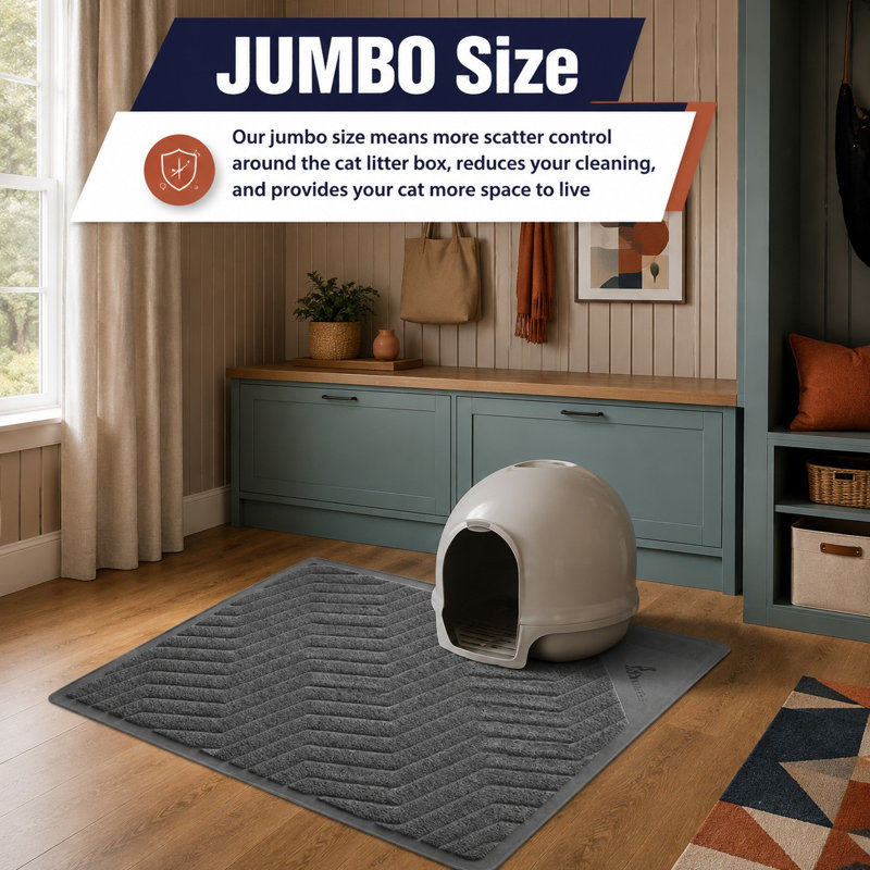 Premium gray PVC litter box pad in XXL 47 x 36 size, featuring durable trapping construction, phthalate-free material, urine resistance, and scatter control.