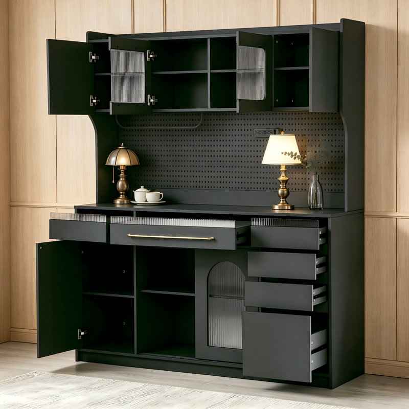 Black Light-Luxury 63-Inch Coffee Bar Cabinet — Featuring Multiple Drawers And Compartments, Built-In Power Outlets, Towel Rack, And Adjustable Shelves.
