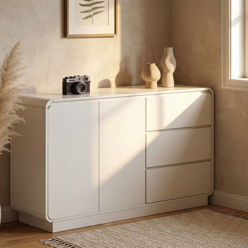 Buffet moderne blanc avec 2 portes et 3 tiroirs, rangement polyvalent pour la salle à manger et le salon, Blanc