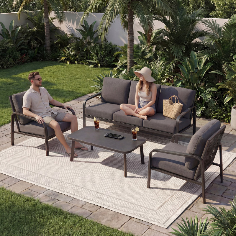 4-Piece Outdoor Sofa Set With Coffee Table – 3-Seater Aluminum Frame, PE Rattan Backrest & Waterproof Cushions For Patio Garden, Grey