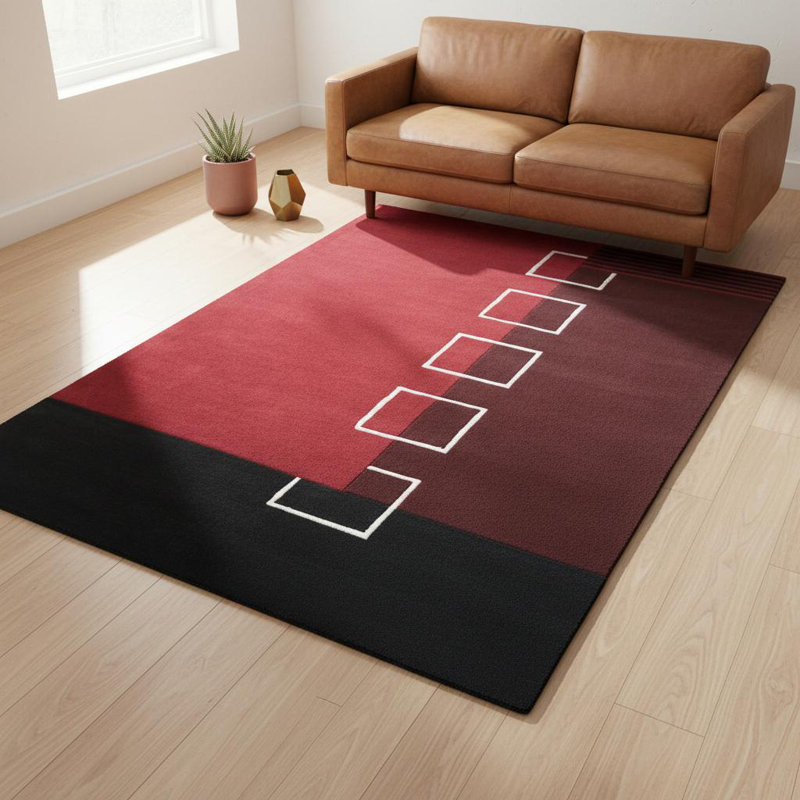 Phair Authentic Hand-Tufted Handmade Red, Burgundy & Black Modern Abstract Geometric Color-Block Wool Area Rug
