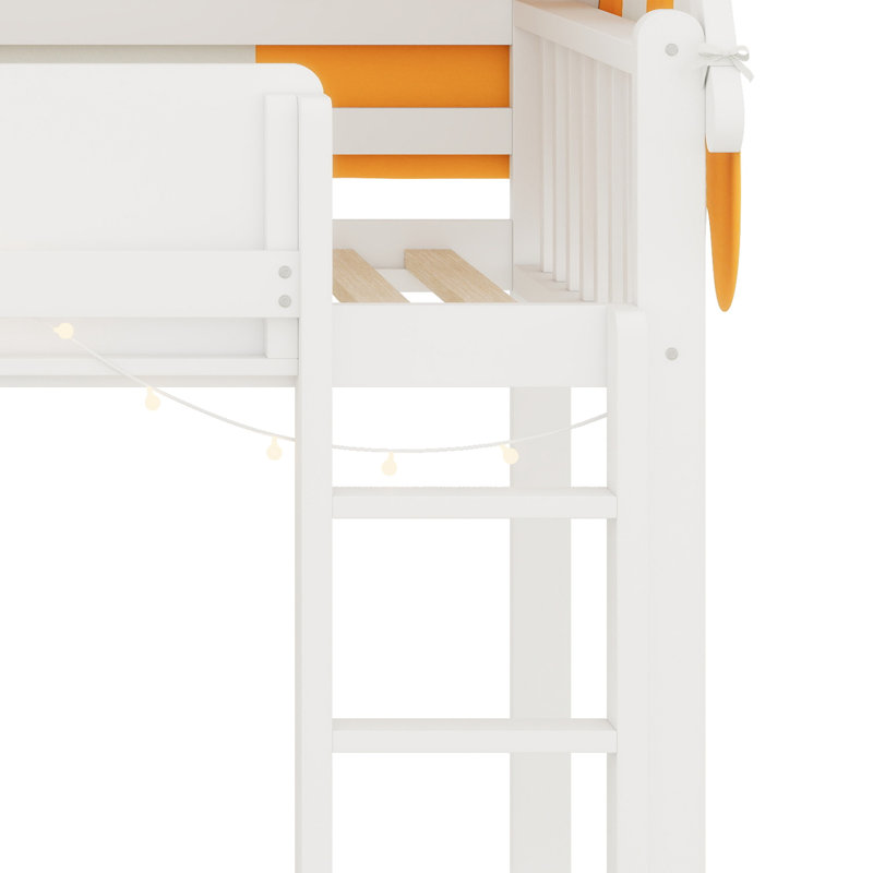 Loft Bed Featuring Canopy, LED Lights, And Book Shelf, White