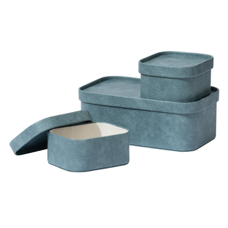 Corrugated Paper Rectangular Storage Box With Vegan Leather Lid Set 3, Gray-blue