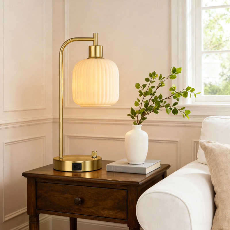 Cream Glass Table Lamps With Usb A&C Ports Set Of 2 For Bedroom, Cream, Gold