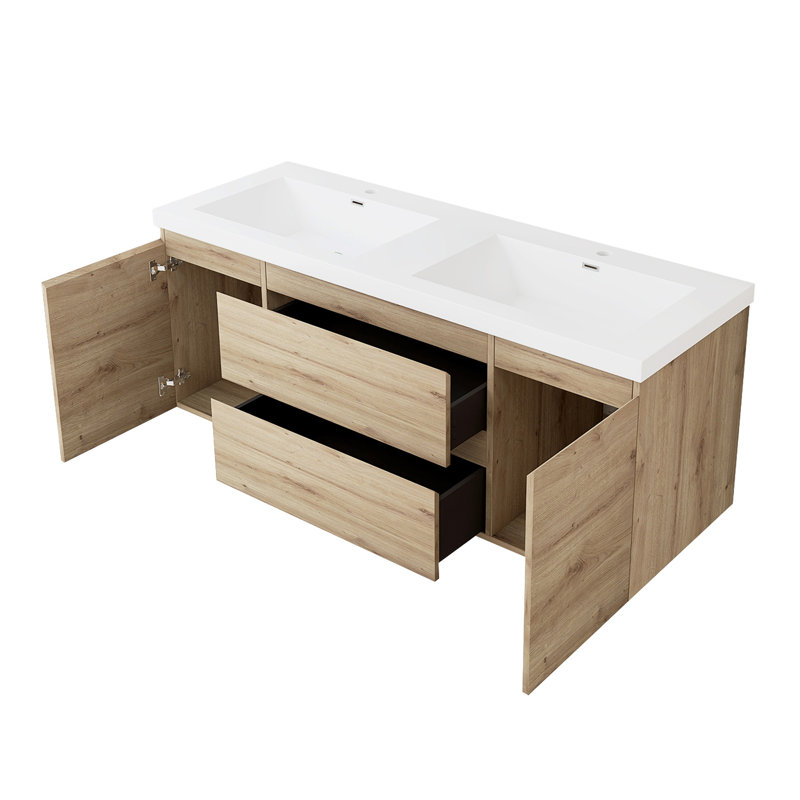 Meuble-lavabo double 58,5 po avec plateau en résine Cafar, Naturel