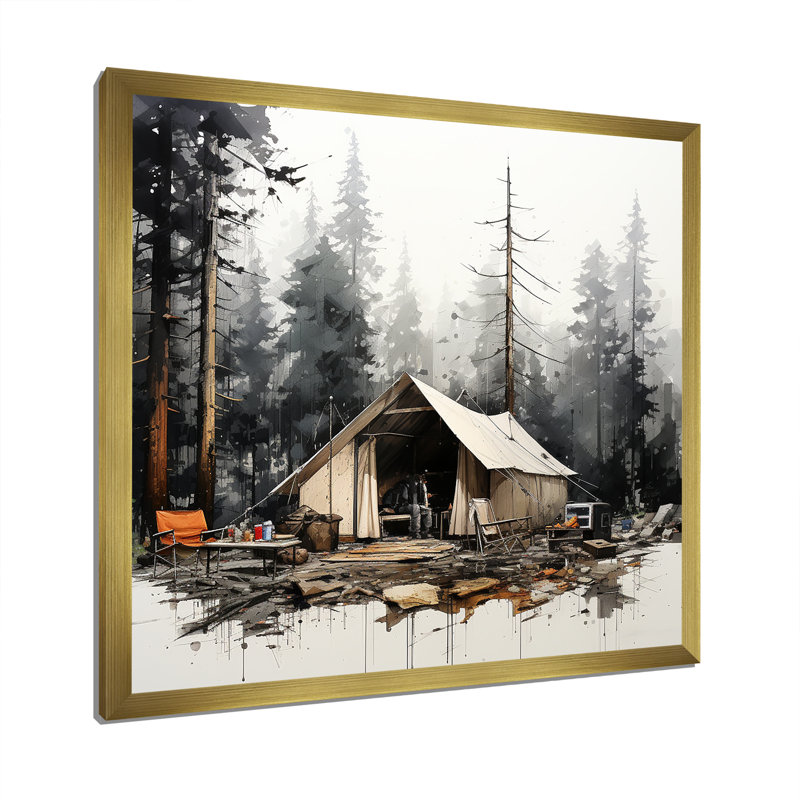 Tente de camping dans un paysage hivernal, H 16 po x l 16 po x P 1 po, Cadre doré simple