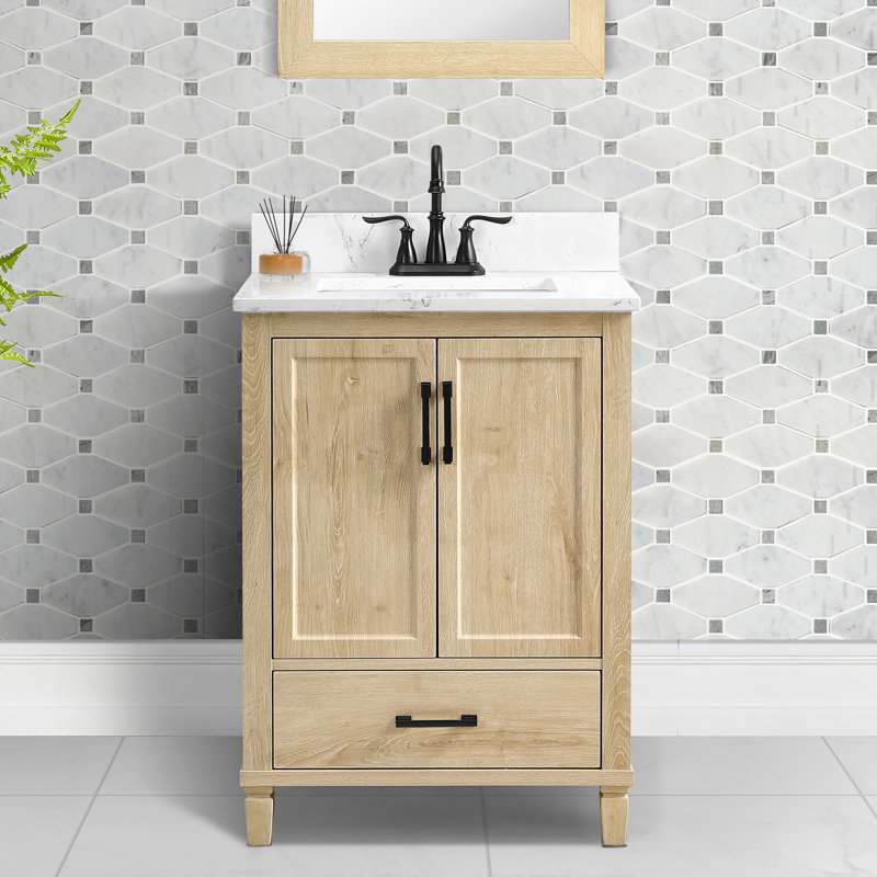 Meuble-lavabo simple 24 po avec comptoir en quartz blanc Carrara, évier et dosseret Hardin, pré-assemblé, 25"