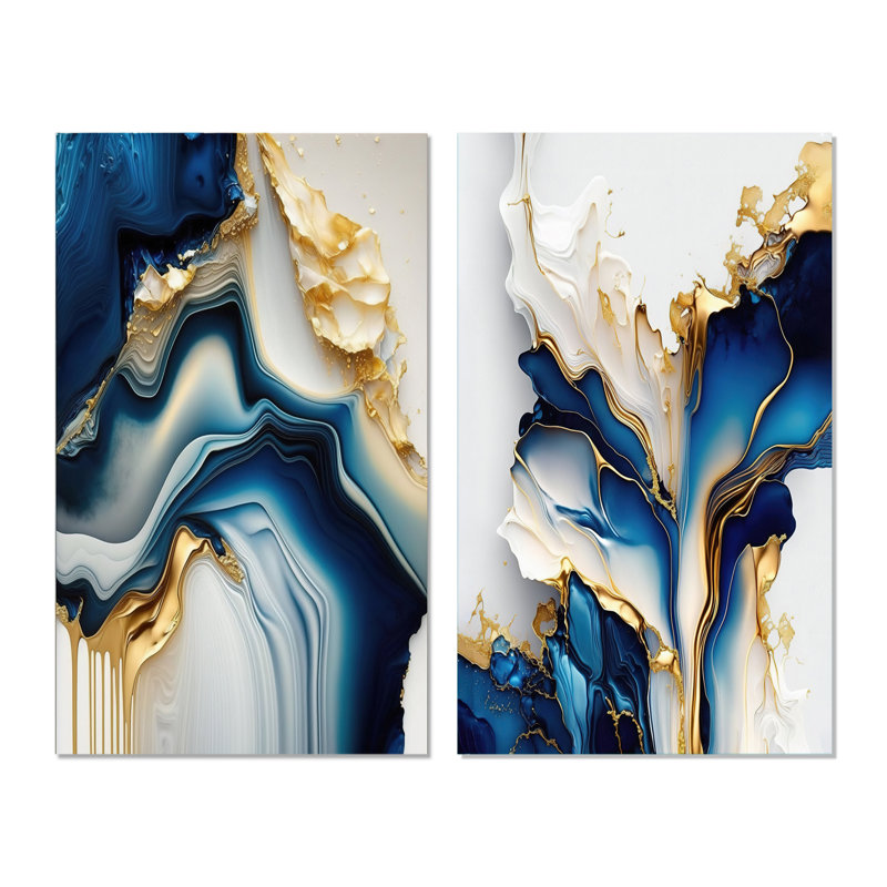 Abstract Geode Gold And Blue Marble - Marble Abstract Wall Decor Set Of 2, 20" H x 24" W, Wrapped Canvas