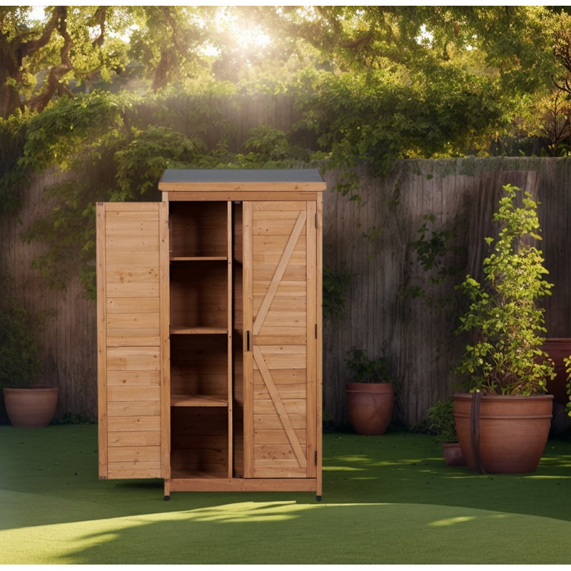 Grande remise extérieure en bois avec armoire à outils verticale en métal pour jardin