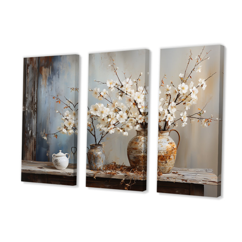 Poterie et fleurs nature morte - ensemble de salon d'art mural arbre, H 32 po x l 48 po x P 1 po