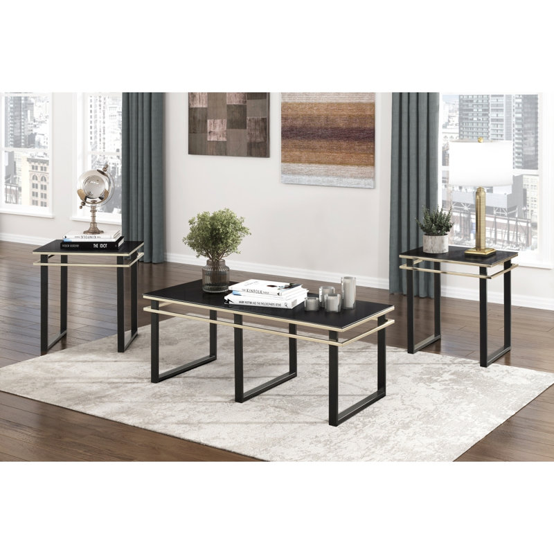 Ensemble de tables basses et tables de bout noires 3 pièces Tables de bout en verre trempé