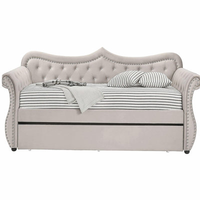 Beige Upholstered Twin Daybed with Trundle