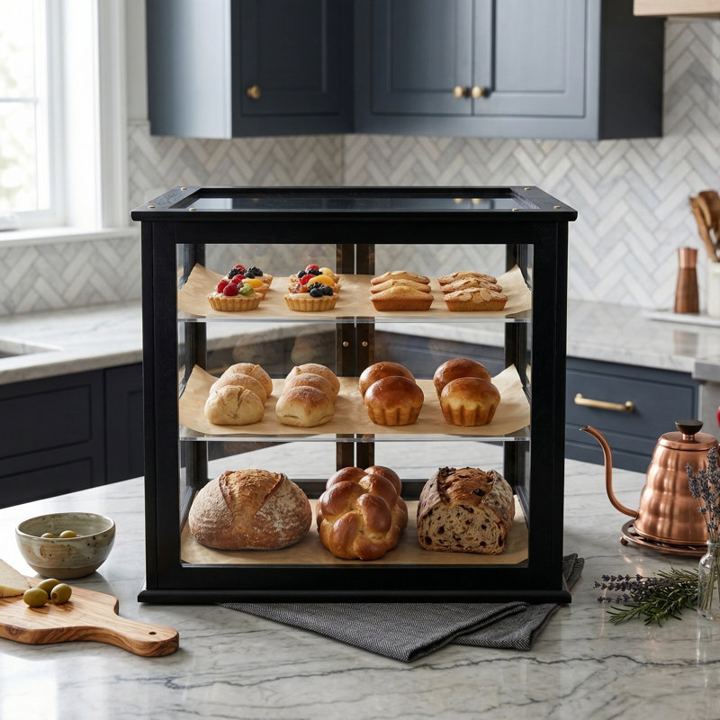 3-Tier Black Solid Wood Bread Box