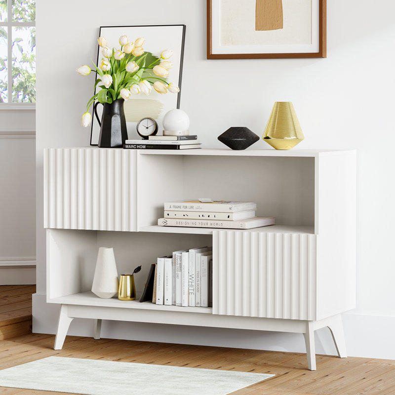 100cm Sideboard Storage Cabinet, 2 Door Wooden Buffet with Ribbed Texture, White