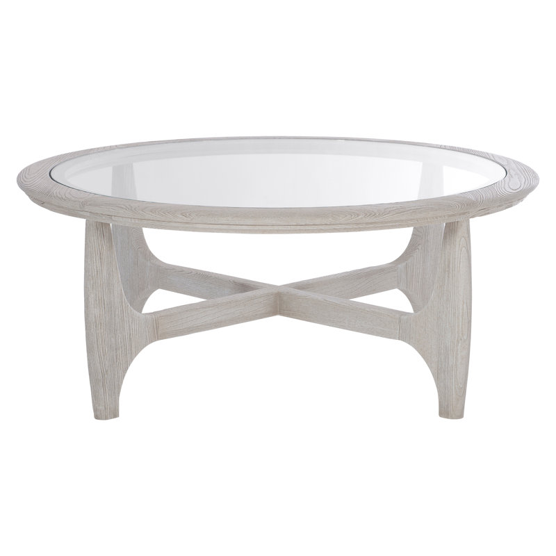 Transitional Beige Round Wood and Glass Coffee Table with Storage