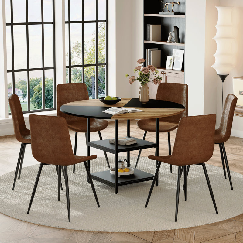de salle à manger circulaire moderne de 2 pouces avec chaises en tissu brun