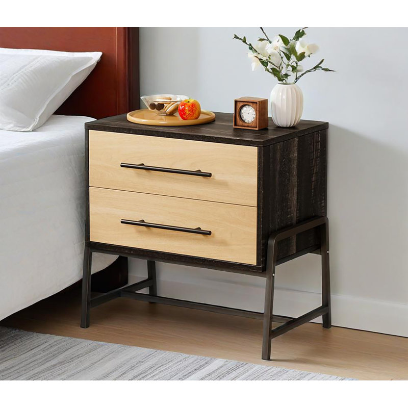 59.9cm W Manufactured Wood Bedside Table, Dark Brown/Wood/Black
