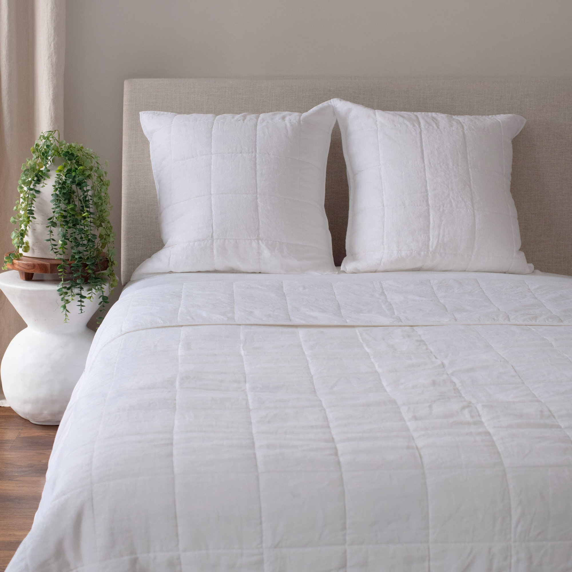 French Linen Box Stitch Quilt, Twin Quilt, White