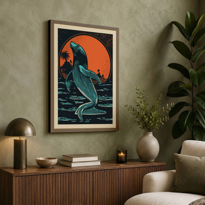 Whale Breaching Sun Coastal - Wrapped Canvas, 36x24 - 91.4 x 61.0 cm, Sage Border