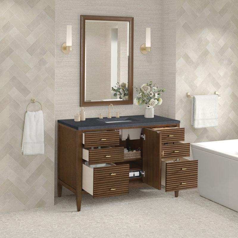 Myrrin 48'' W Single Vanity, Mid-Century Walnut, Charcoal Soapstone, 8" Widespread