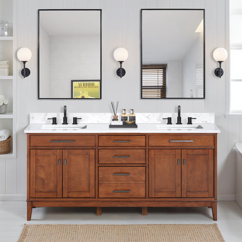 Gearldine Anglet 73" Double Bathroom Vanity with Top, Tobacco, Cala White