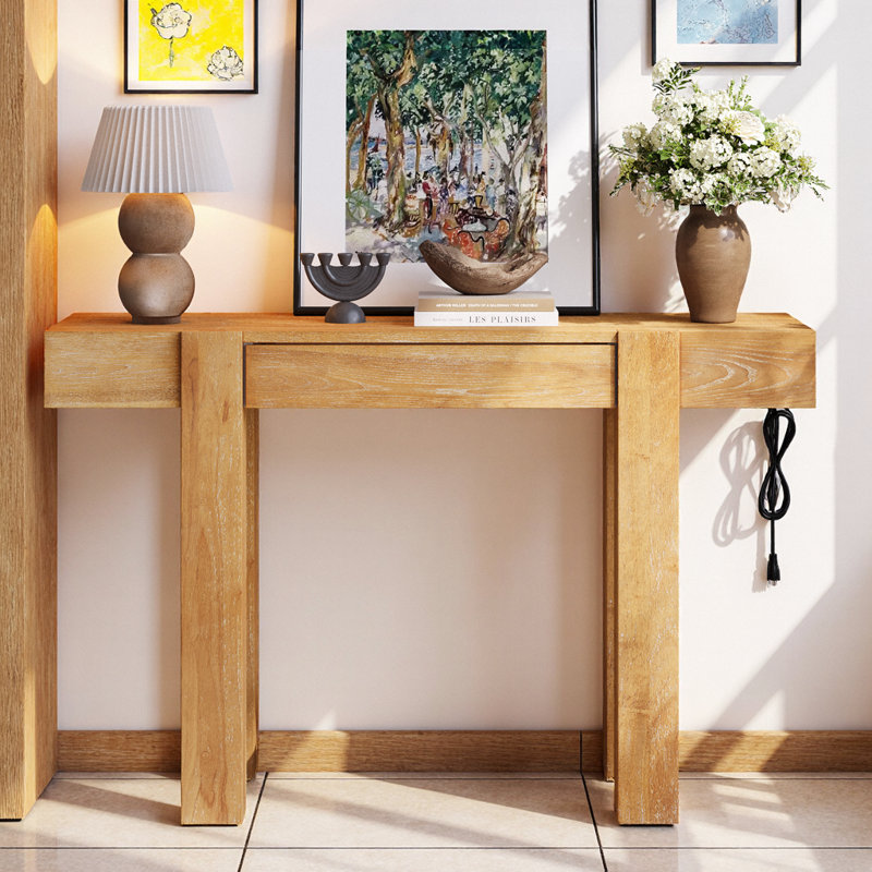 Console rustique minimaliste - tiroir caché, prise de courant latérale, profil mince de 13,4 po, Beige