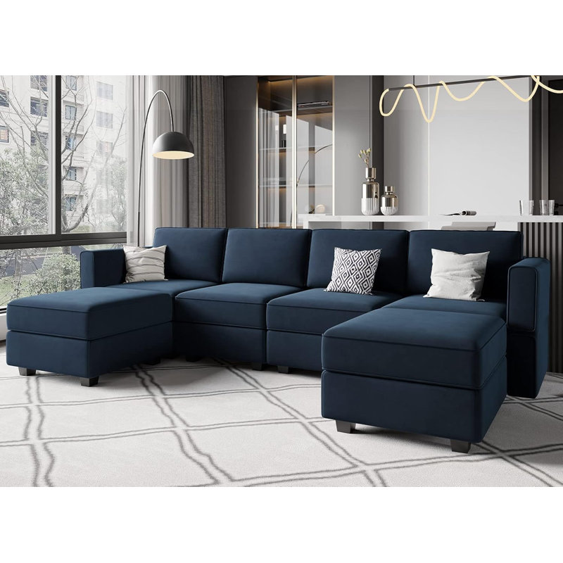 Modular Sectional Sofa U Shaped Velvet Couch with Reversible Chaise Oversized Couch with Ottoman Blue