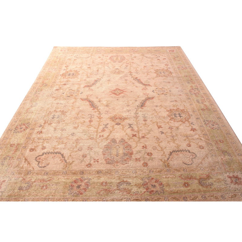 Hand-Knotted Distressed Floral Rug Beige Pink Classic Pattern, Rectangle 12' x 15'