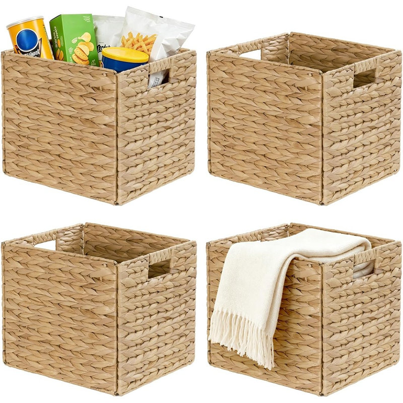 Ensemble de 4 paniers de rangement en jacinthe d'eau avec poignées, paniers de rangement rectangulaires en osier tressé à la main pour étagères, garde-manger, salle de bain, chambre et placard