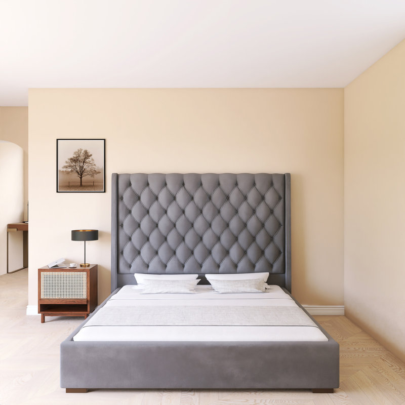 Wood Frame Panel Bed with Upholstered Headboard, King