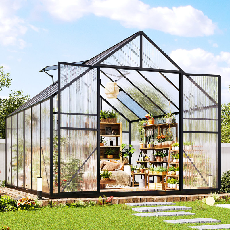 6 × 12 ft Walk-in Polycarbonate Greenhouse with Aluminum Frame, 2 Windows & Swing Door, Heavy-Duty Outdoor Garden Structure – Black