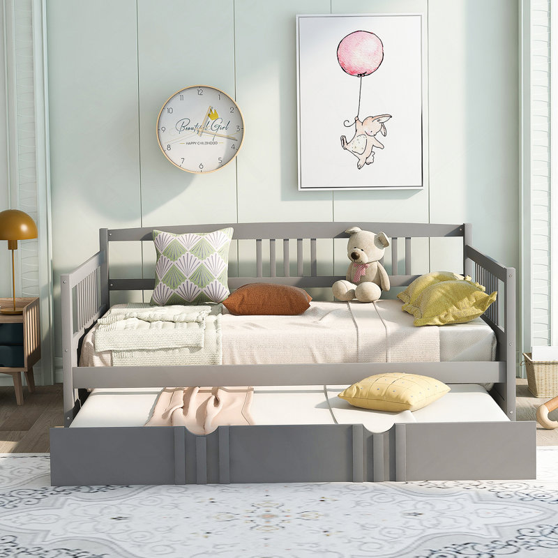 Daybed Wood Bed with Twin Size Trundle, Gray, Full/Double