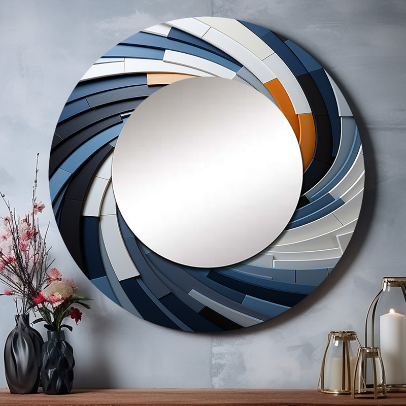 «Geometric Spiral II - Abstract Spirals», miroir mural rond bleu, 23 po x 23 po