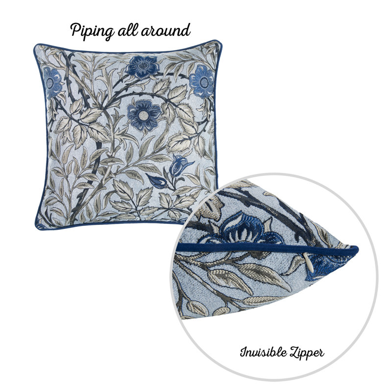 Blue Floral Jacquard Polyester Throw Pillow Covers, 17" x 17", Set of 2
