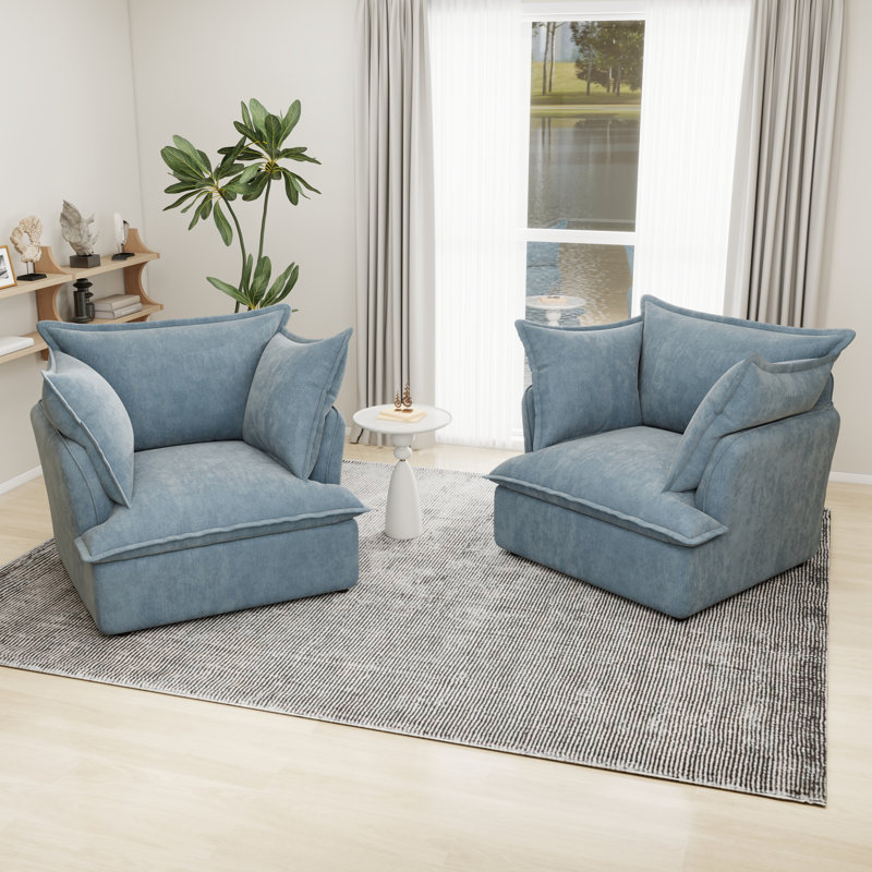 Fauteuil d'appoint et canapé-lit simple en chenille de 38 po de largeur, siège confortable pour le salon et la chambre à coucher, bleu (ensemble de 2)