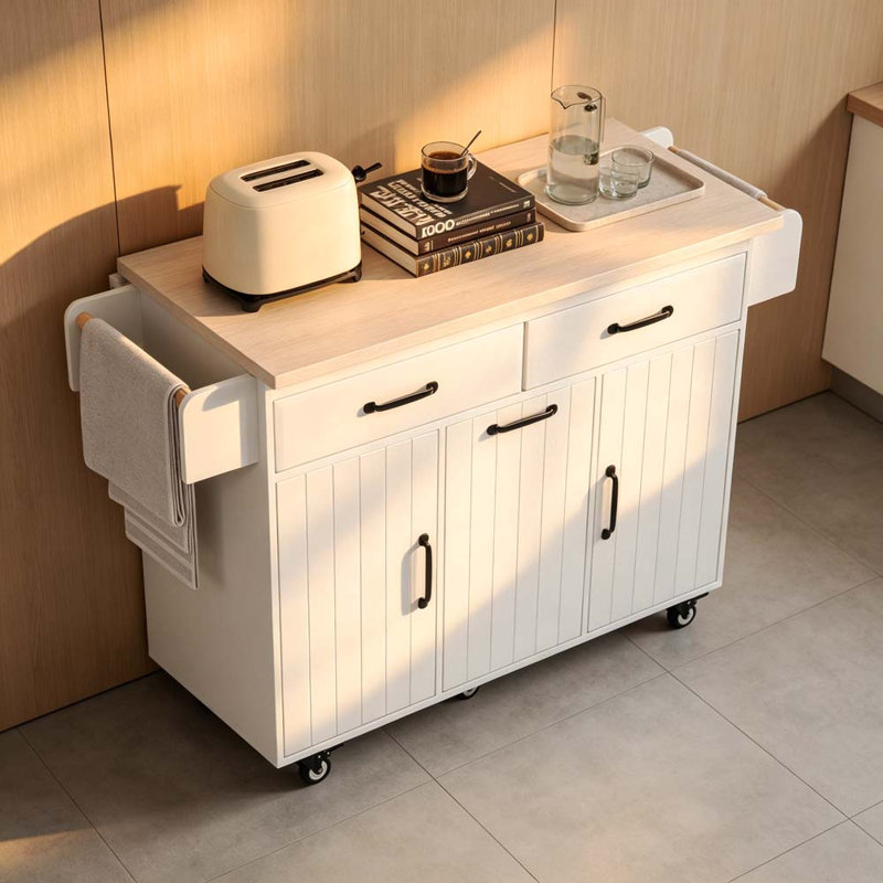 Îlot de cuisine avec armoire de rangement pour poubelle, White