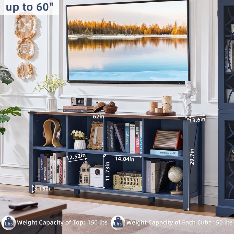Farmhouse Wood Long Storage Organizer Bookcase, (2 Shelves)  29.7" H x 62" W x 13.6" D, Blue
